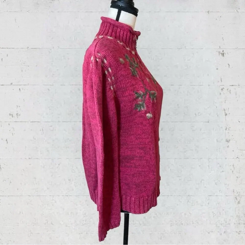 VTG Y2K 90s Coldwater Creek 1/4 Zip Fall Embroidered Sweater Size M Cabincore